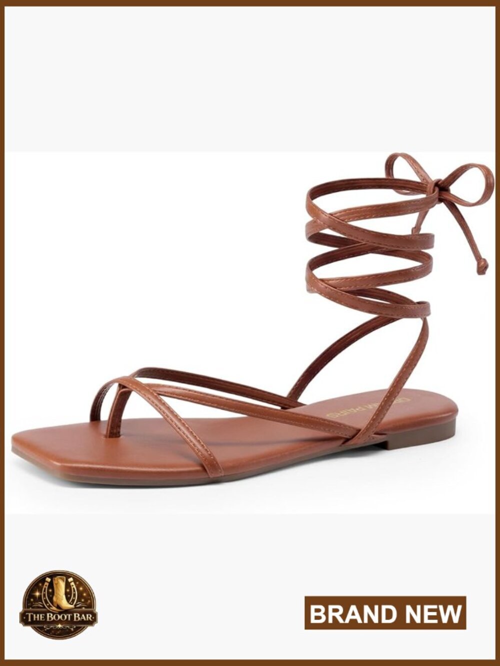 Strappy Gladiator Sandals, Square Toe, Lace Up, Faux Leather, Size 7